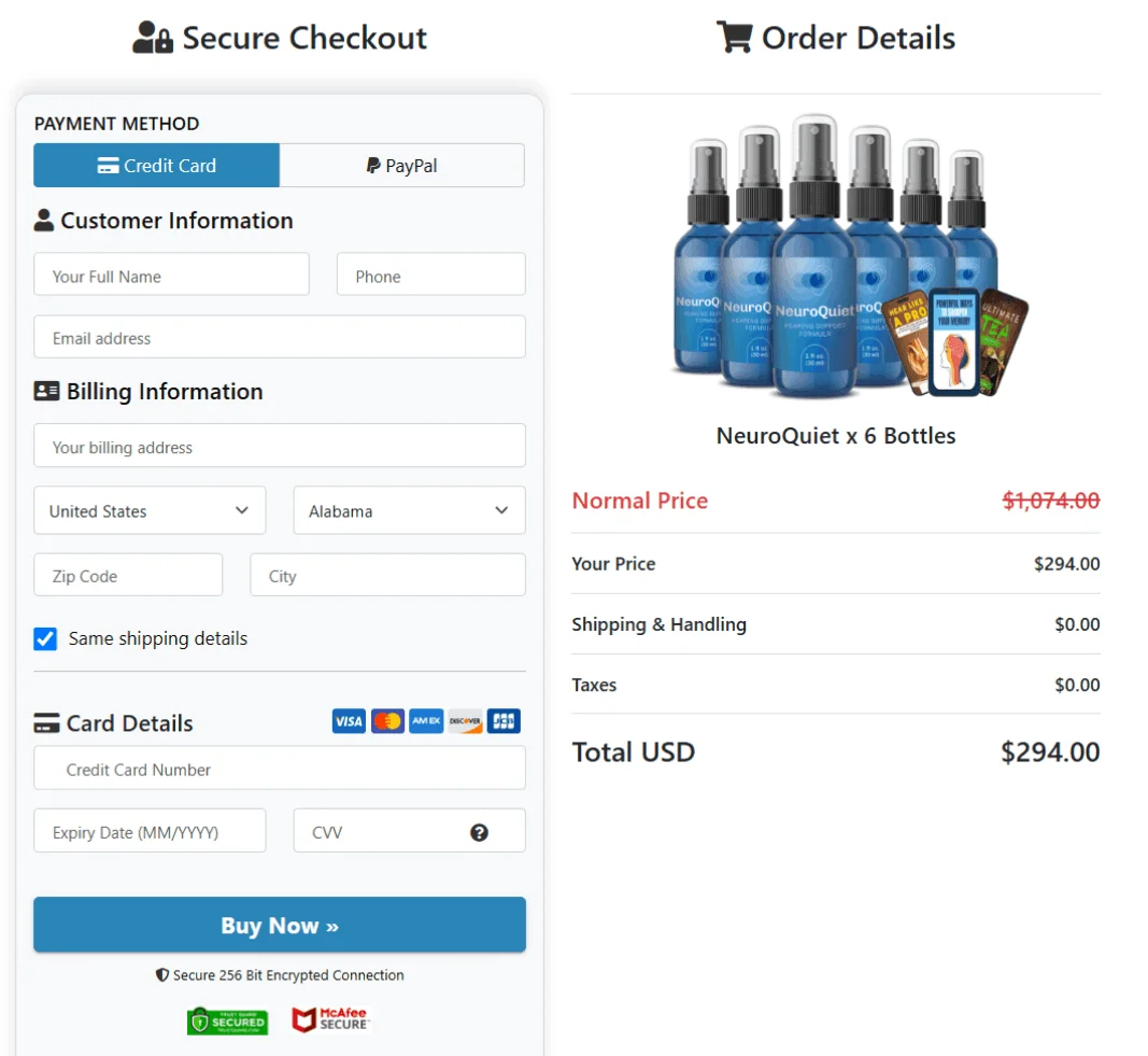 NeuroQuiet™ checkout page